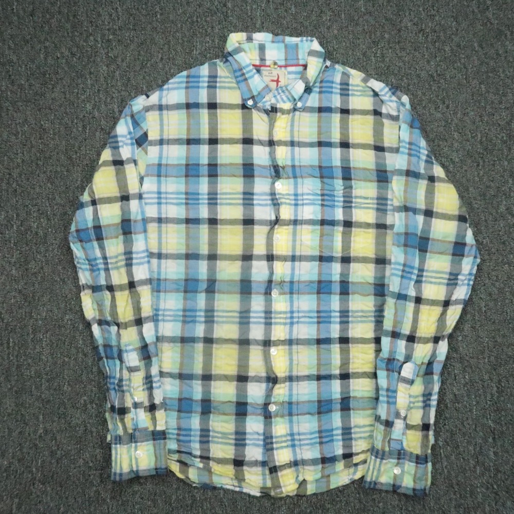 Relwen Shirt Mens Medium Blue‎ Yellow Plaid Lightweight Long Sleeve Seersucker